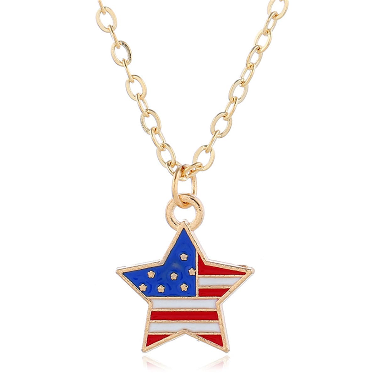 Show your love for America with this 18K gold-plated jewelry set, featuring a star necklace and earrings in flag design.