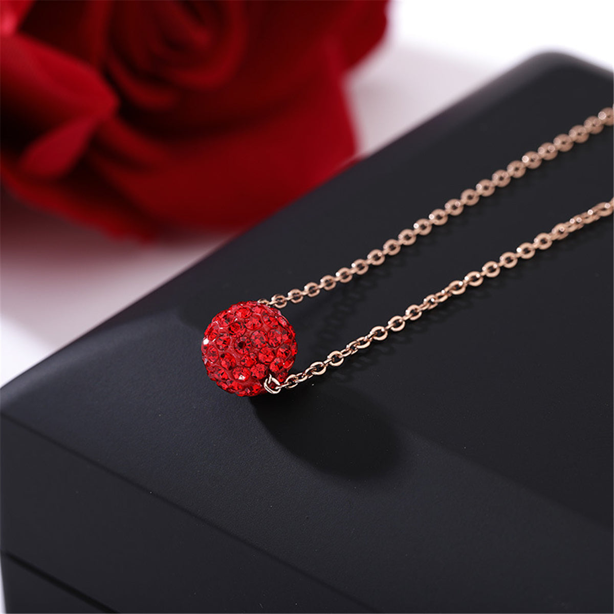 Red Cubic Zirconia and 18K Rose Gold-Plated Ball Pendant Necklace, rose gold pendant necklace for women, styled look