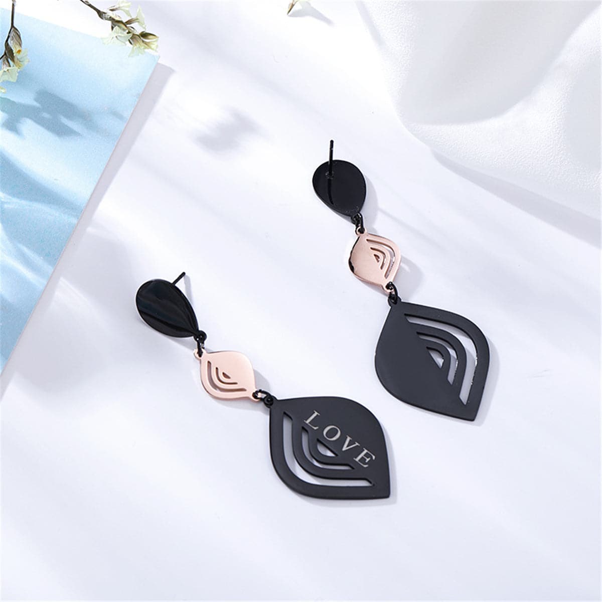 18K Rose Gold-Plated and Black 'Love' Laurel Drop Earrings, rose gold drop earrings for women, styled look