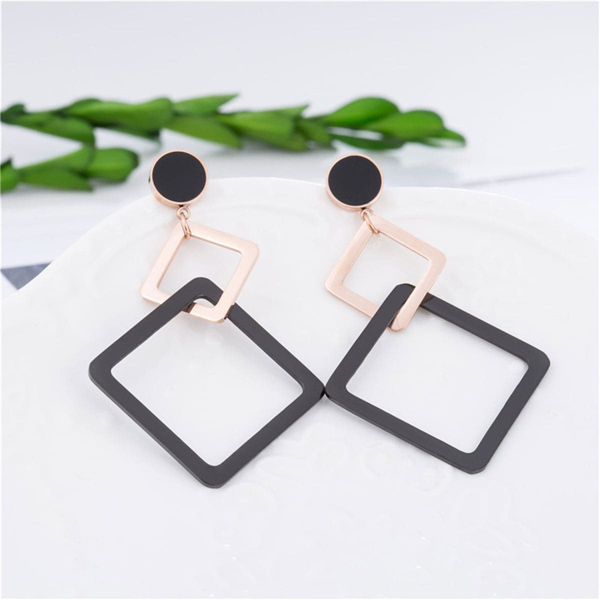18K Rose Gold-Plated and Black Double Open Rhombus Drop Earrings, rose gold drop earrings for women, lifestyle look