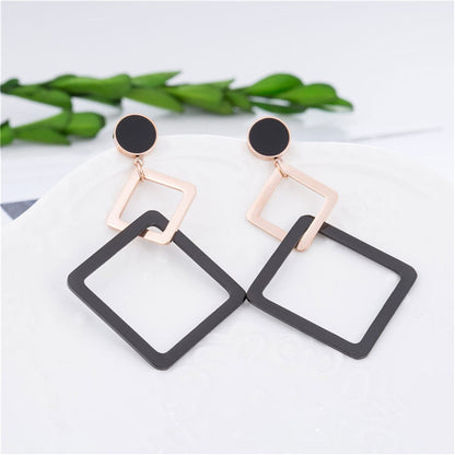 18K Rose Gold-Plated and Black Double Open Rhombus Drop Earrings, rose gold drop earrings for women, lifestyle look
