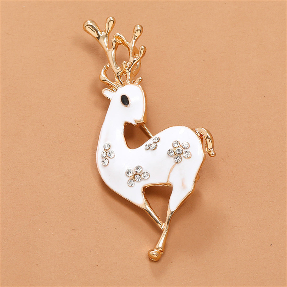 Cubic Zirconia & White Enamel 18K Gold-Plated Reindeer Brooch