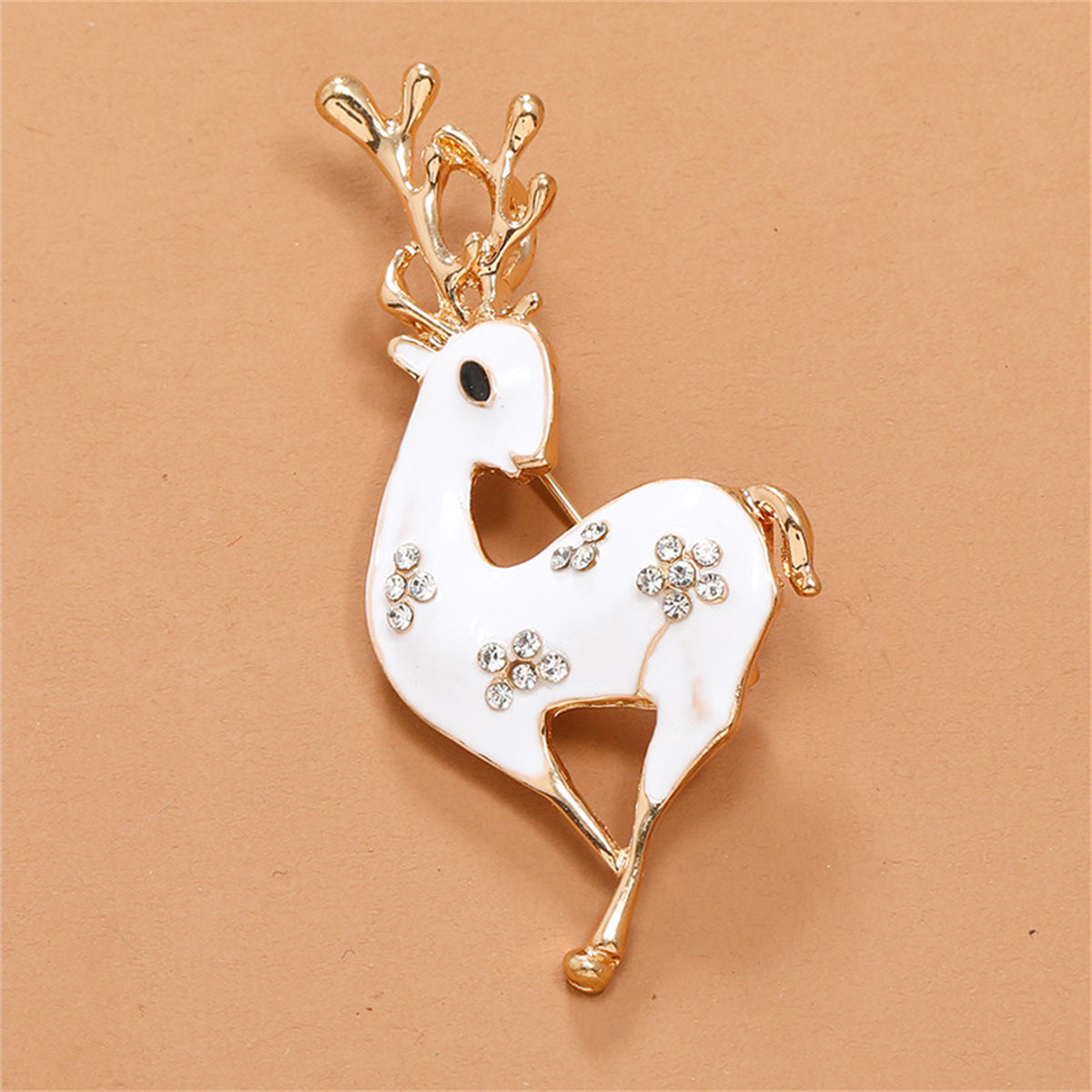 Cubic Zirconia and White Enamel 18K Gold-Plated Reindeer Brooch, gold brooch pin, elegant gift for her, detail close-up