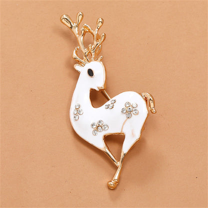Cubic Zirconia and White Enamel 18K Gold-Plated Reindeer Brooch, gold brooch pin, elegant gift for her, detail close-up