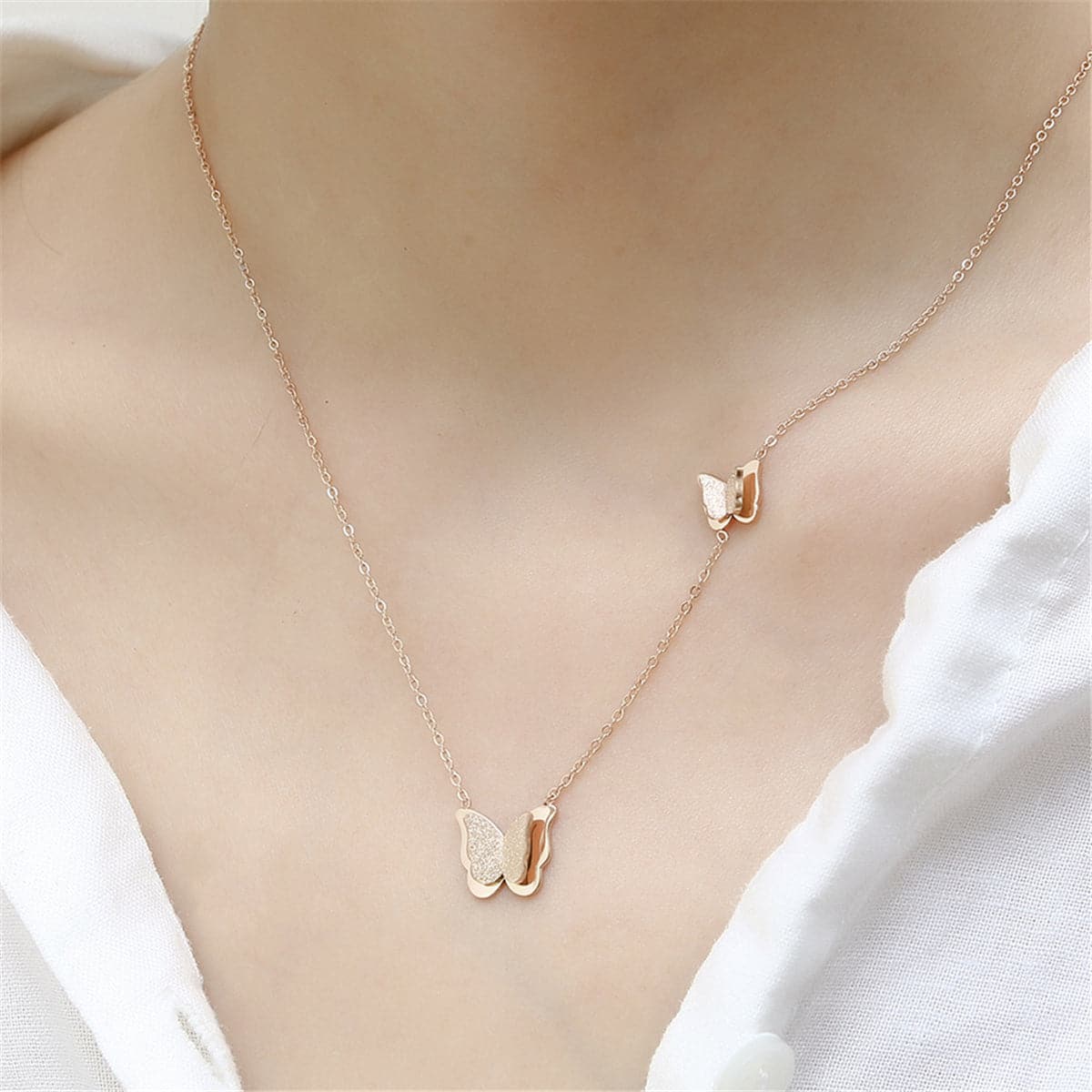 18K Rose Gold-Plated Double Frosted Butterfly Pendant Necklace