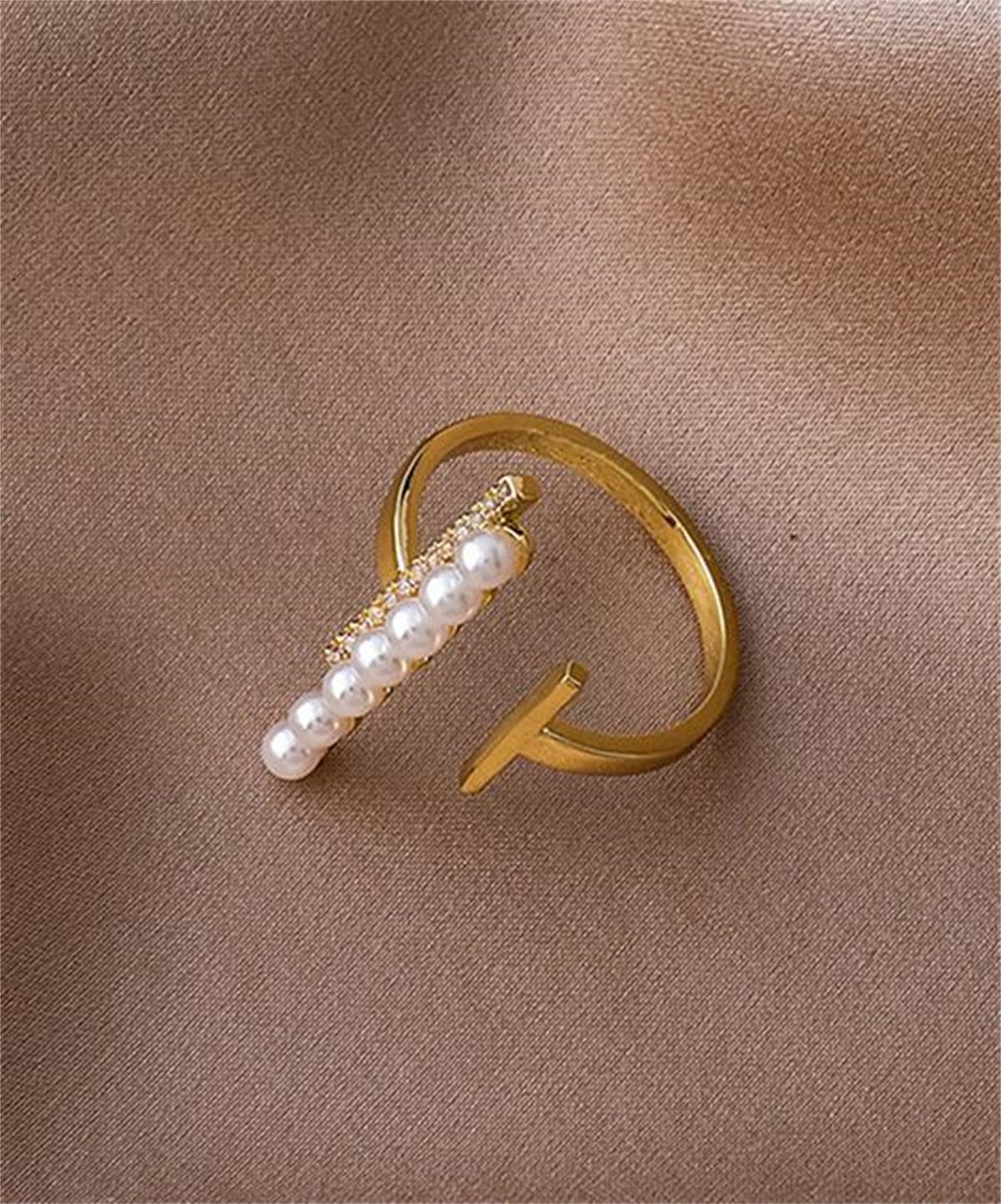 Pearl and Cubic Zirconia 18K Gold-Plated Bar Open Ring, gold statement rings for women, lifestyle look