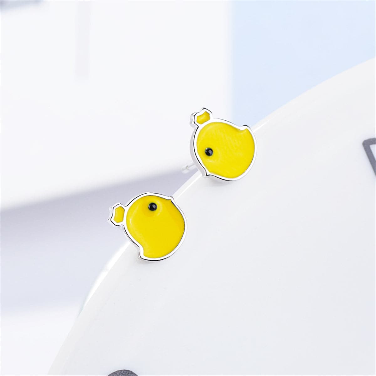 Yellow Enamel & Silver-Plated Chicken Stud Earrings