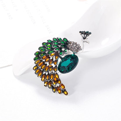Clear Cubic Zirconia and Silver-Plated Peacock Brooch, silver brooch pin, dainty minimalist design, front view
