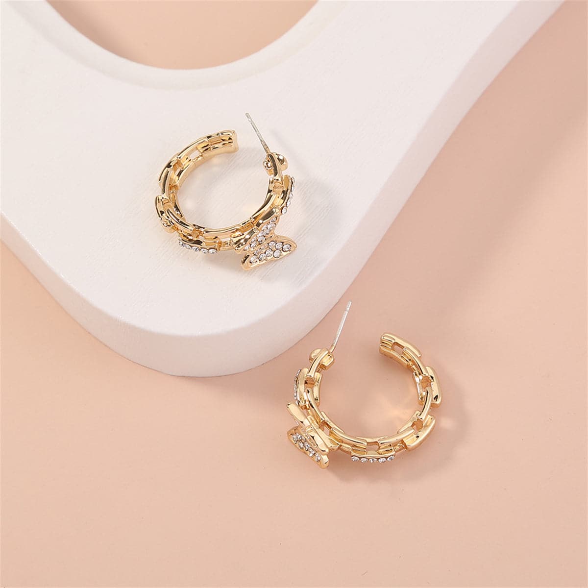 Cubic Zirconia and 18K Gold-Plated Chain Butterfly Huggie Earrings, gold huggie earrings, everyday style, detail close-up