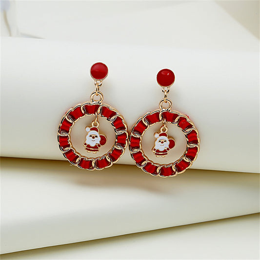 Red Ribbon and Enamel 18K Gold-Plated Sack Santa Figaro Drop Earrings, gold drop earrings for women, front view
