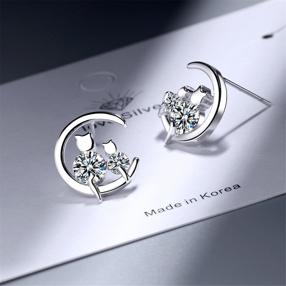 Cubic Zirconia & Silver-Plated Cat & Moon Stud Earrings