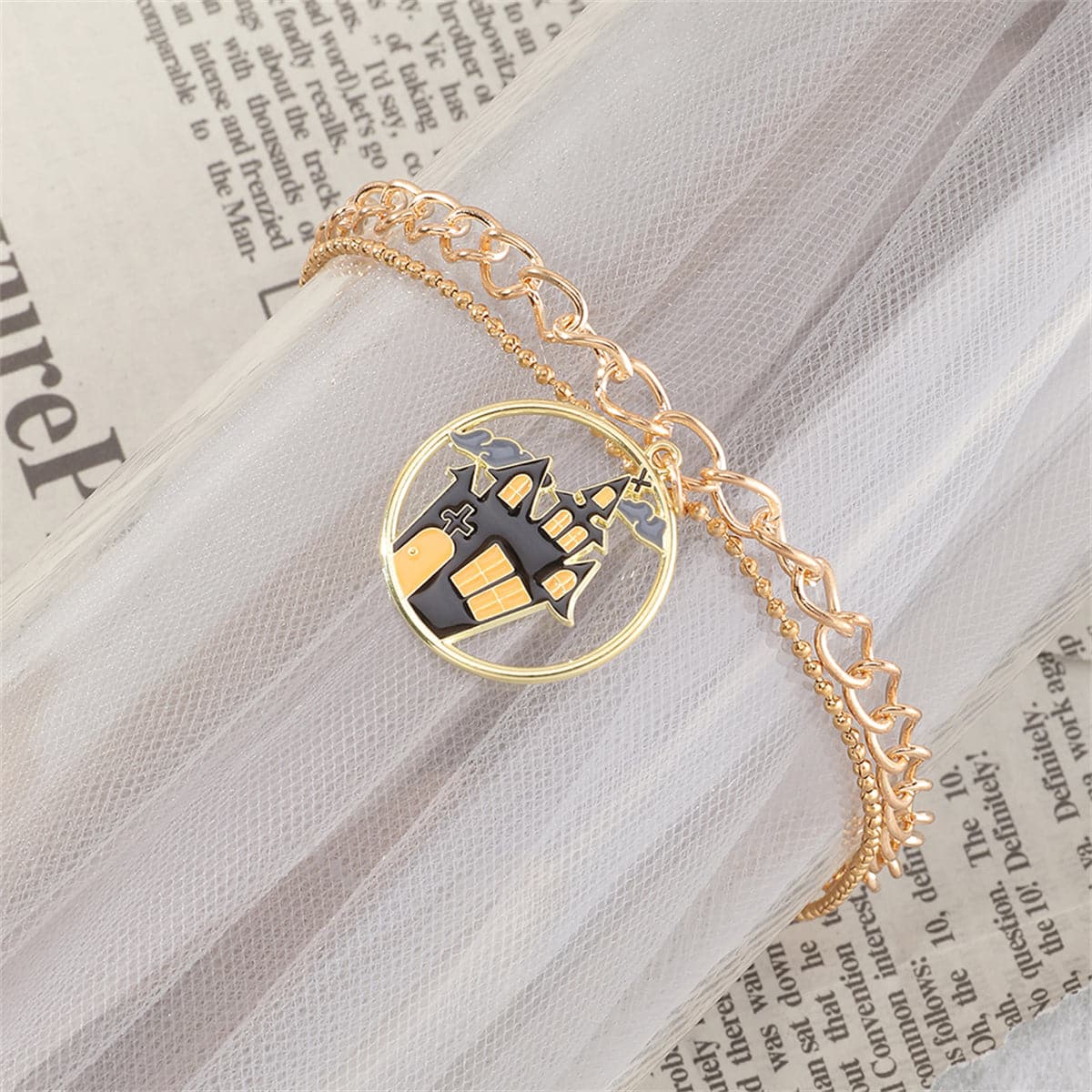 Black Enamel and 18K Gold-Plated Castle Layered Charm Bracelet, gold bracelet for women, everyday style, styled look