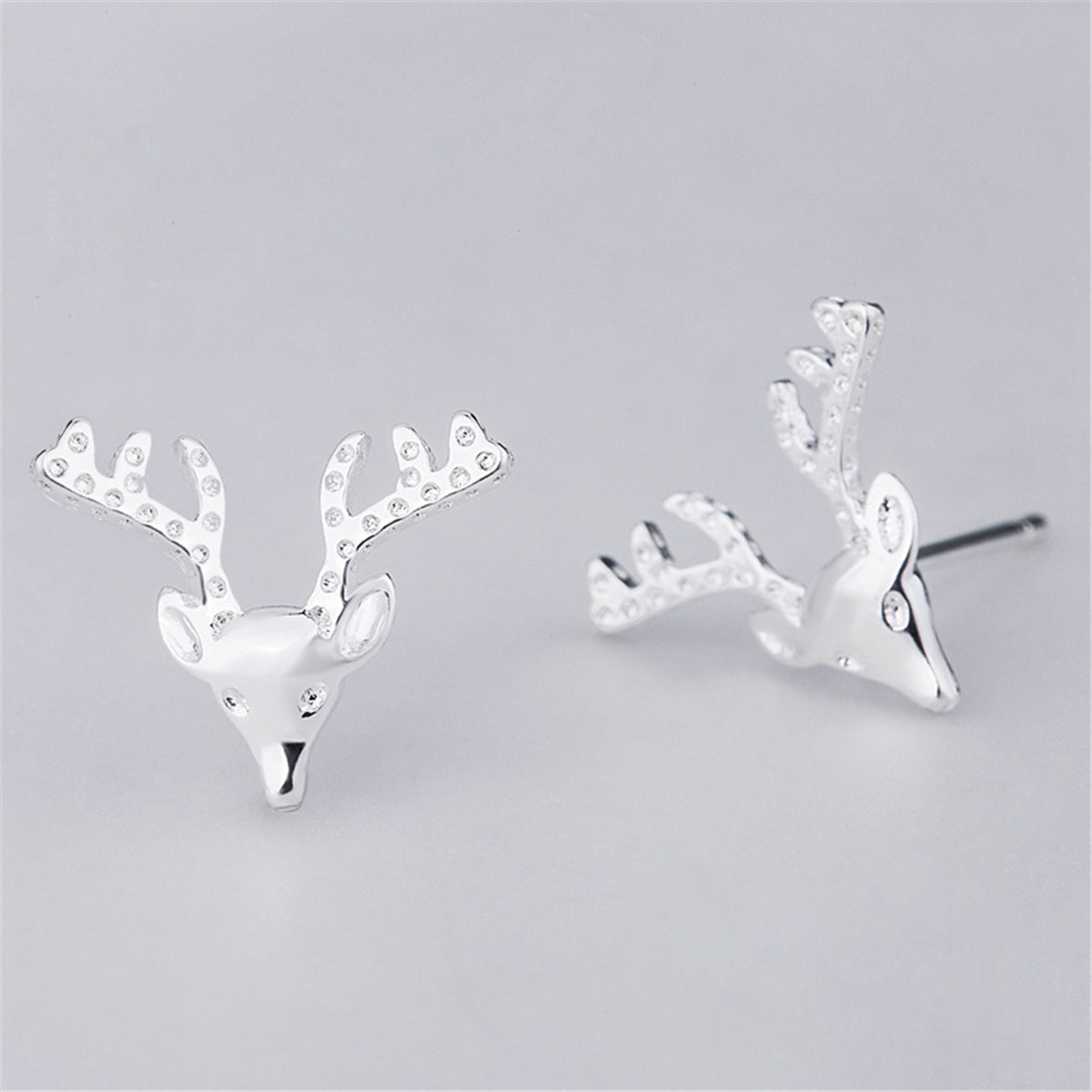 Silver-Plated Deer Stud Earrings, silver stud earrings for women, elegant gift for her, front view