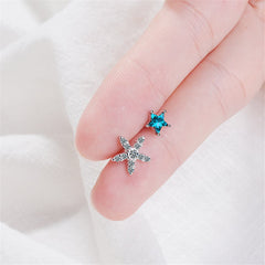 Cubic Zirconia & Blue Crystal Silver-Plated Asymmetrical Star Stud Earrings