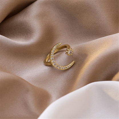 Cubic Zirconia and 18K Gold-Plated Moon Star Open Ring, gold statement rings for women, dainty minimalist design, side view