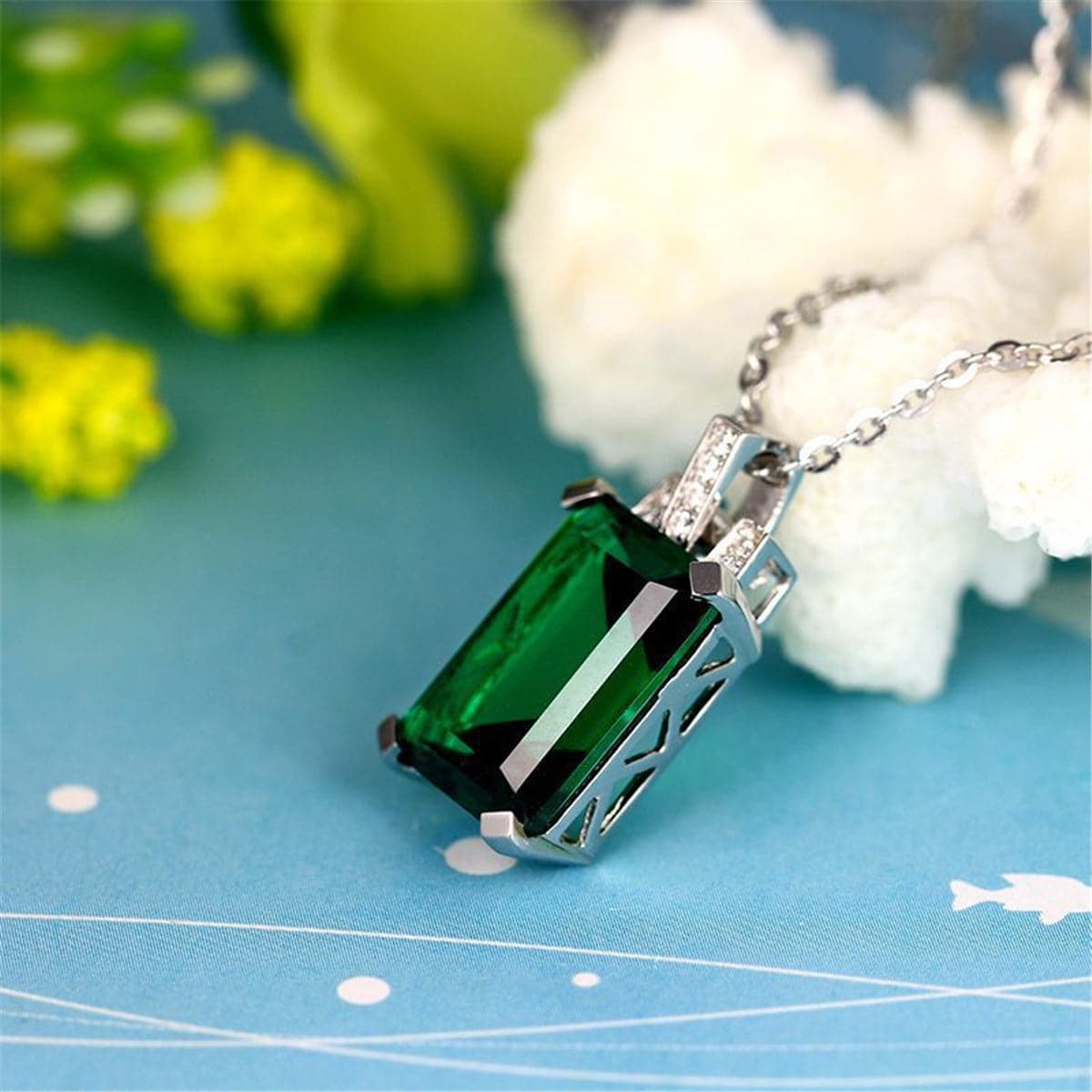 Green Crystal & cubic zirconia Emerald-Cut Pendant Necklace - streetregion