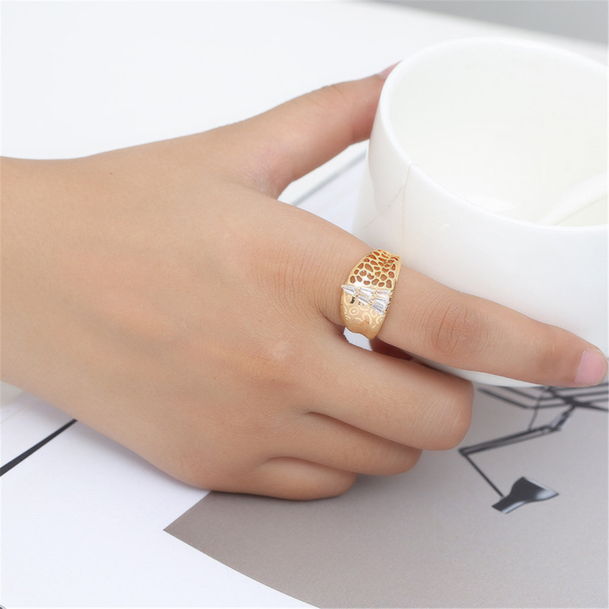 Crystal and Gold-Plated Tower Ring, gold statement rings for women, dainty minimalist design, side view