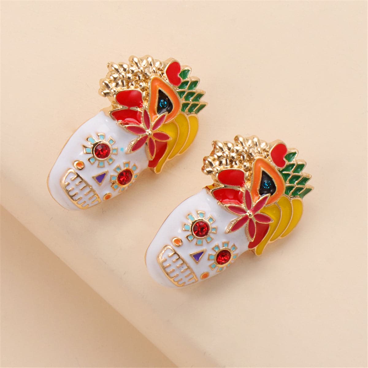 Cubic Zirconia & Enamel 18K Gold-Plated Masks Stud Earrings