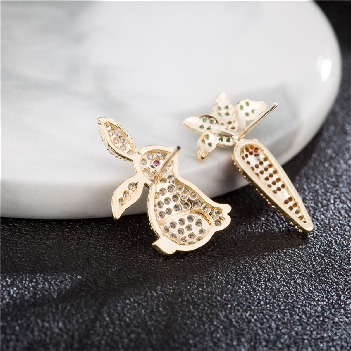 Cubic Zirconia & 18K Rose Gold-Plated Rabbit & Carrot Stud Earrings