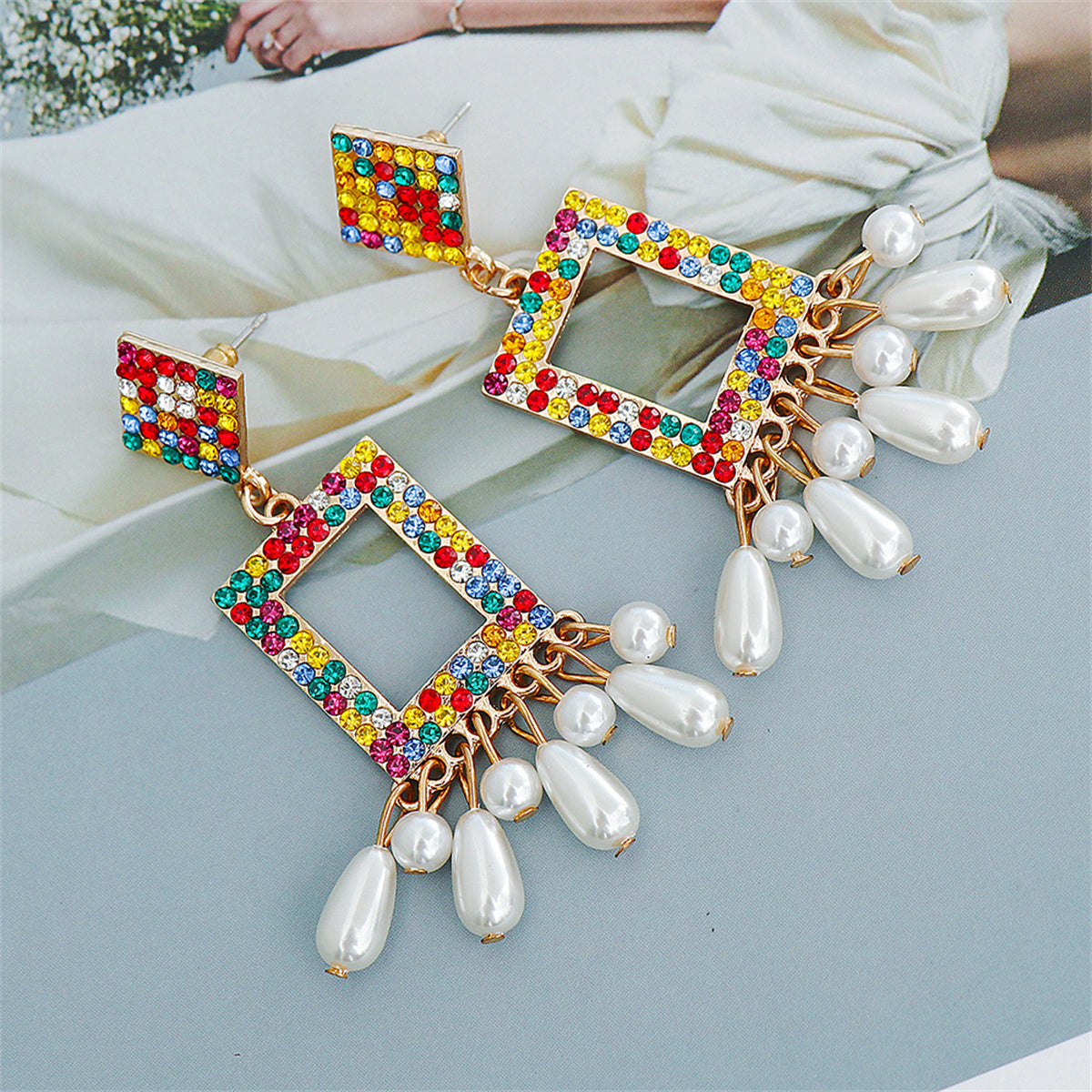 Red and Yellow Cubic Zirconia Tassel Drop Earrings, drop earrings for women, dainty minimalist design, side view