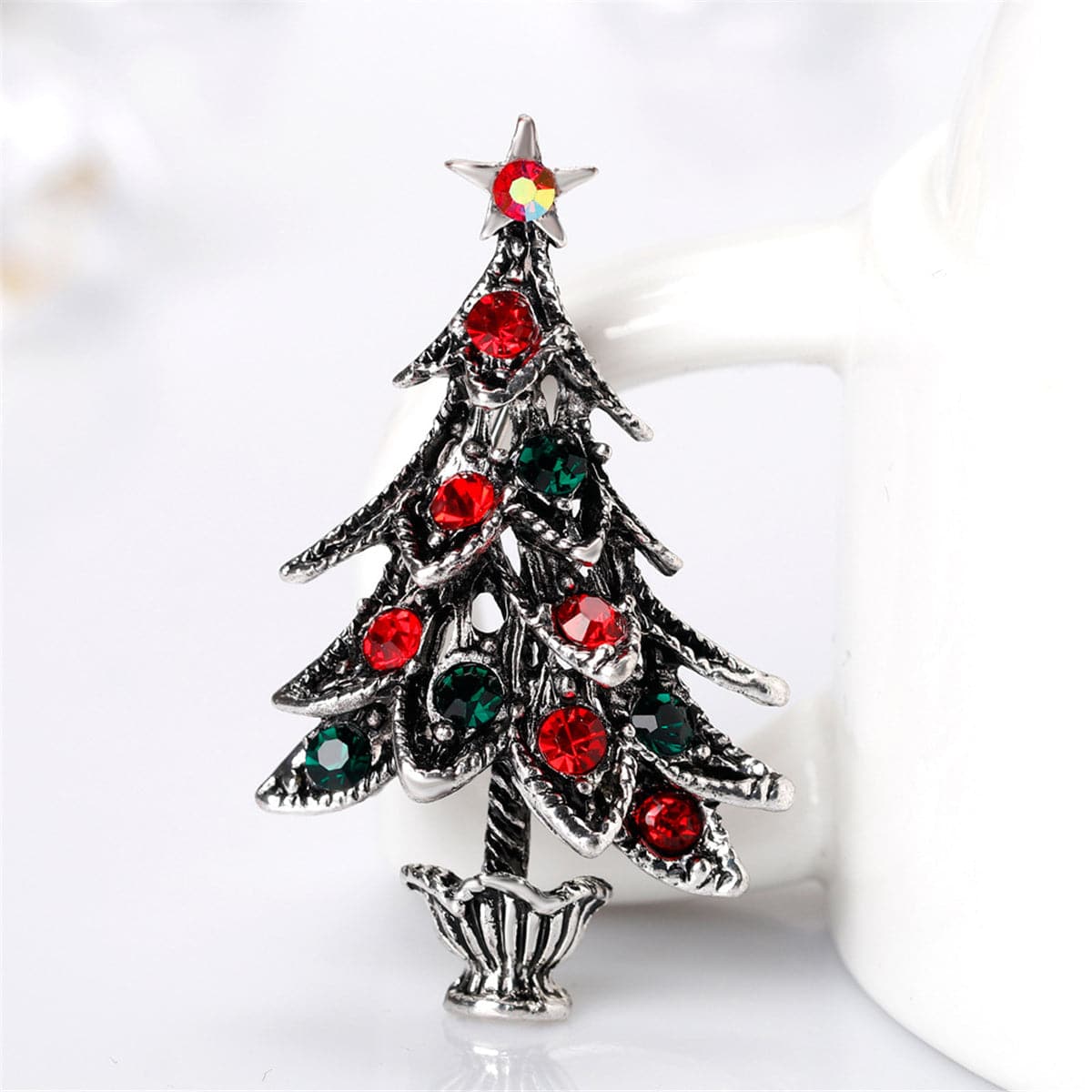 Red Cubic Zirconia & Silver-Plated Christmas Tree Brooch