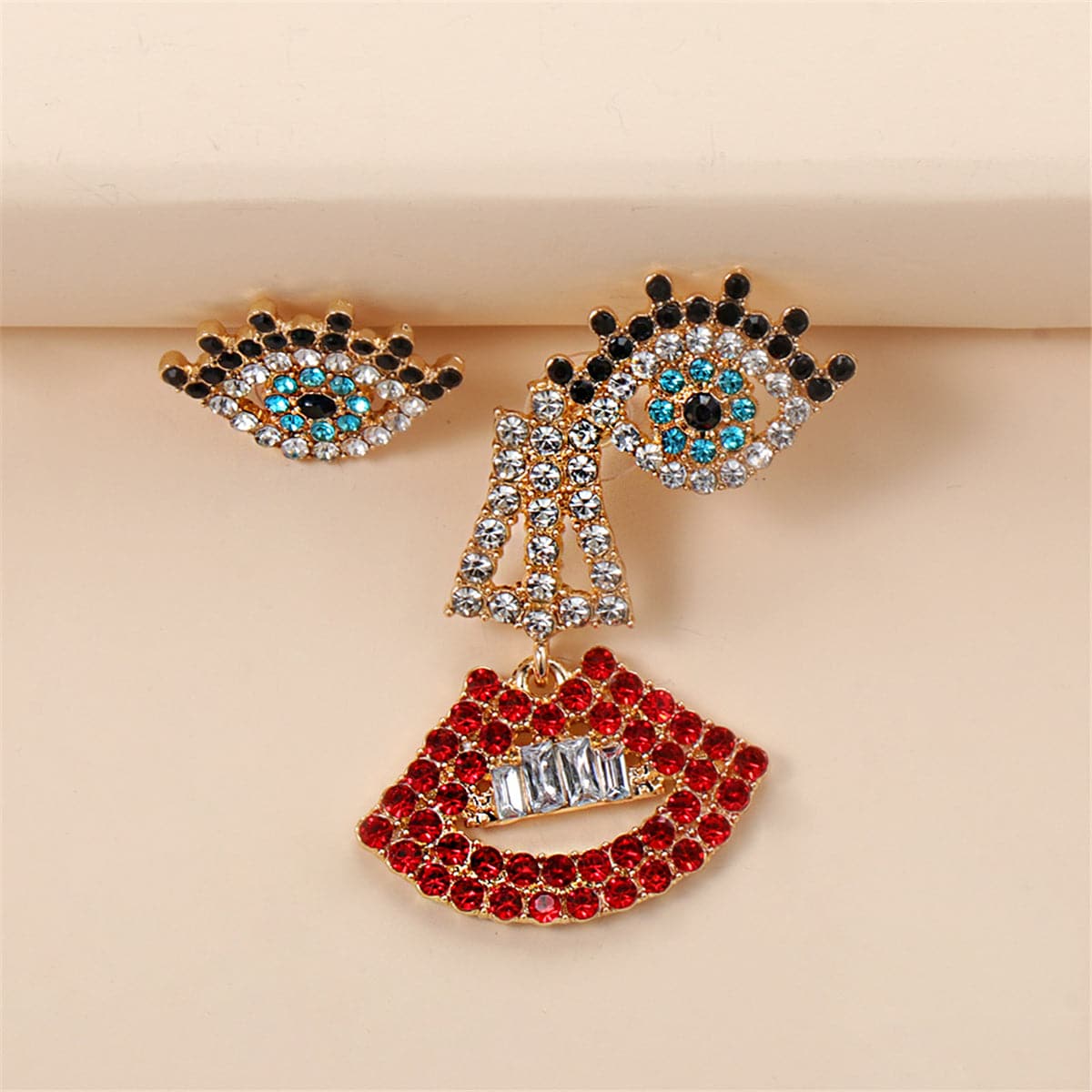 Red and White Cubic Zirconia Eye Stud and Lips Drop Earrings, stud earrings for women, detail close-up