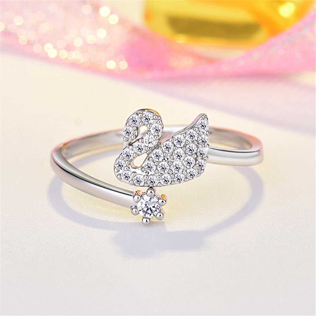 Cubic Zirconia & Silver-Plated Swan Bypass Ring
