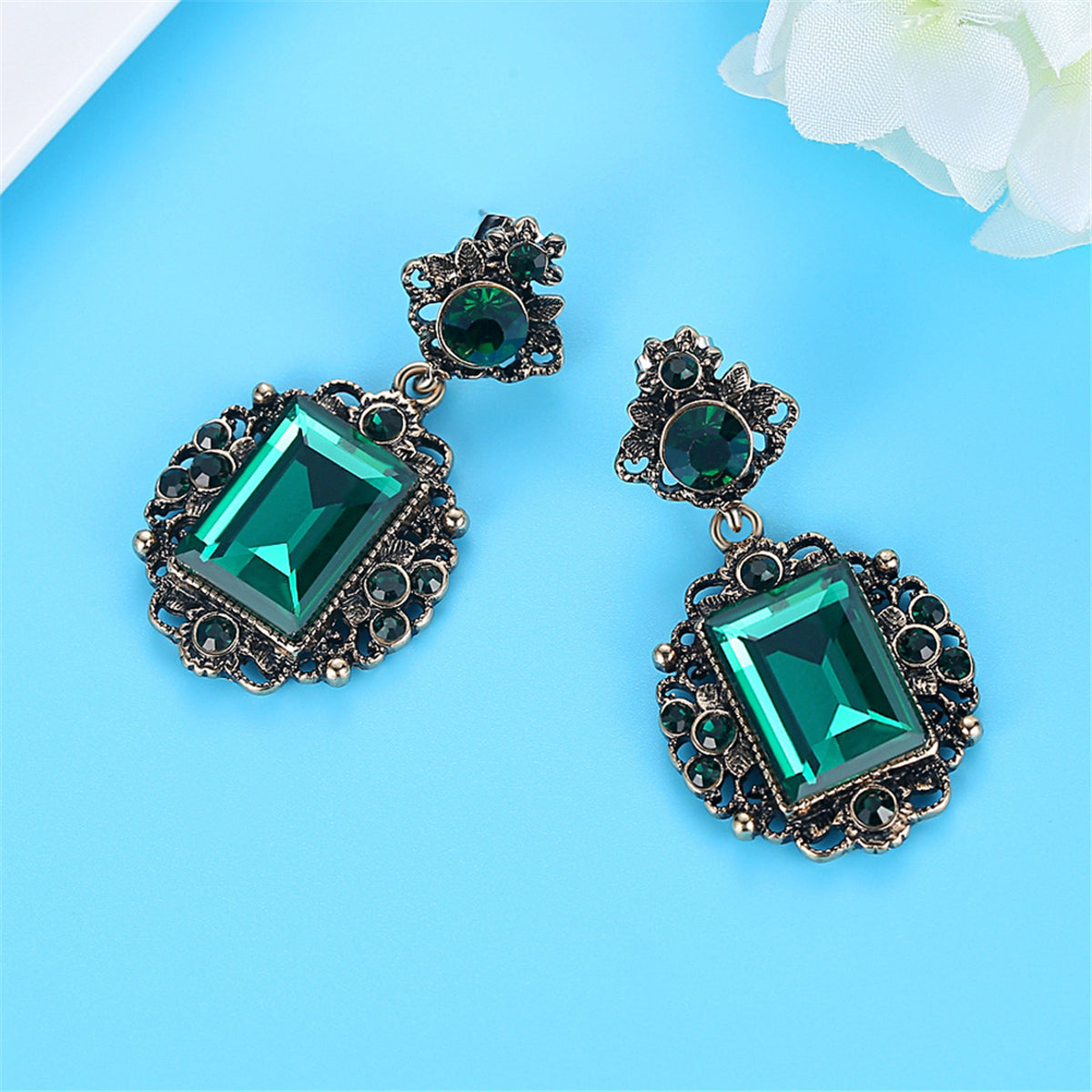 Green Cubic Zirconia & Crystal Floral Drop Earrings