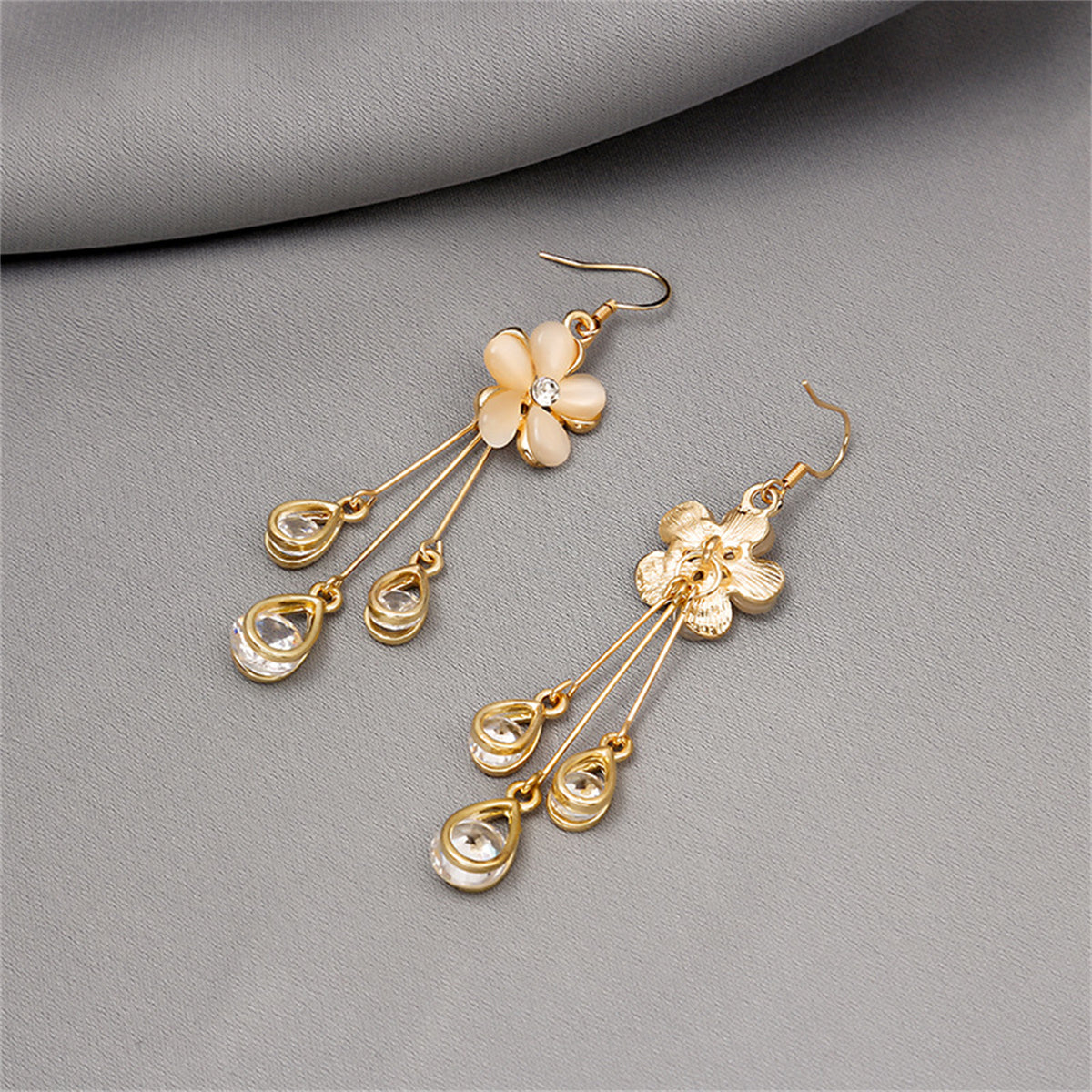 Blush Cateye & Cubic Zirconia 18K Gold-Plated Floral Teardrop Tassel Drop Earrings