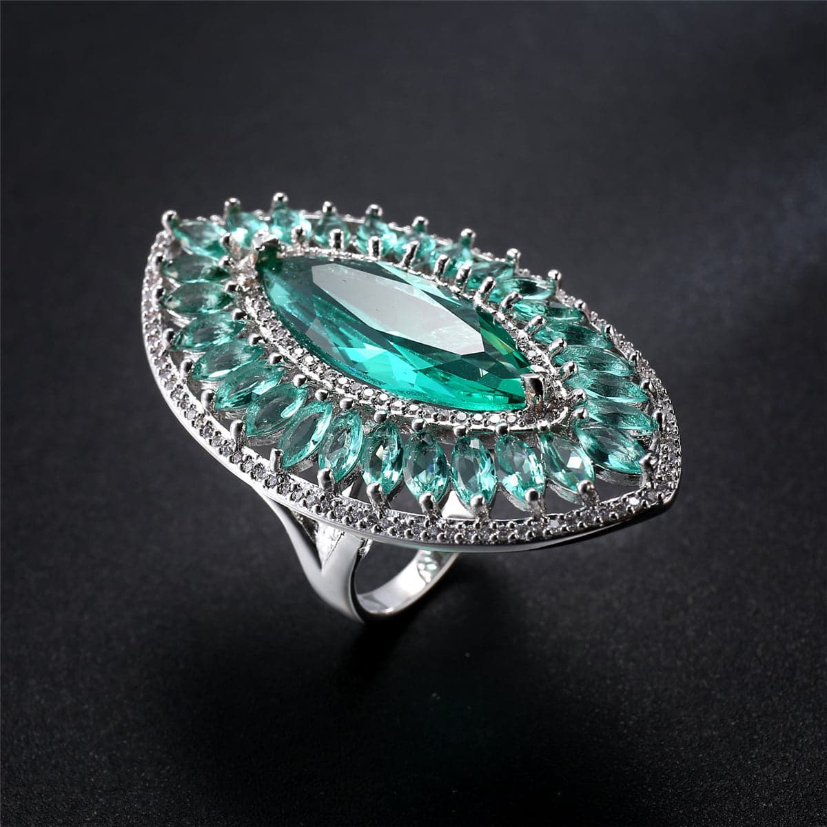Green Crystal and Cubic Zirconia Pear Statement Ring, statement rings for women, botanical inspired, styled look