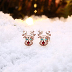 Cubic Zirconia & 18K Rose Gold-Plated Reindeer Stud Earrings