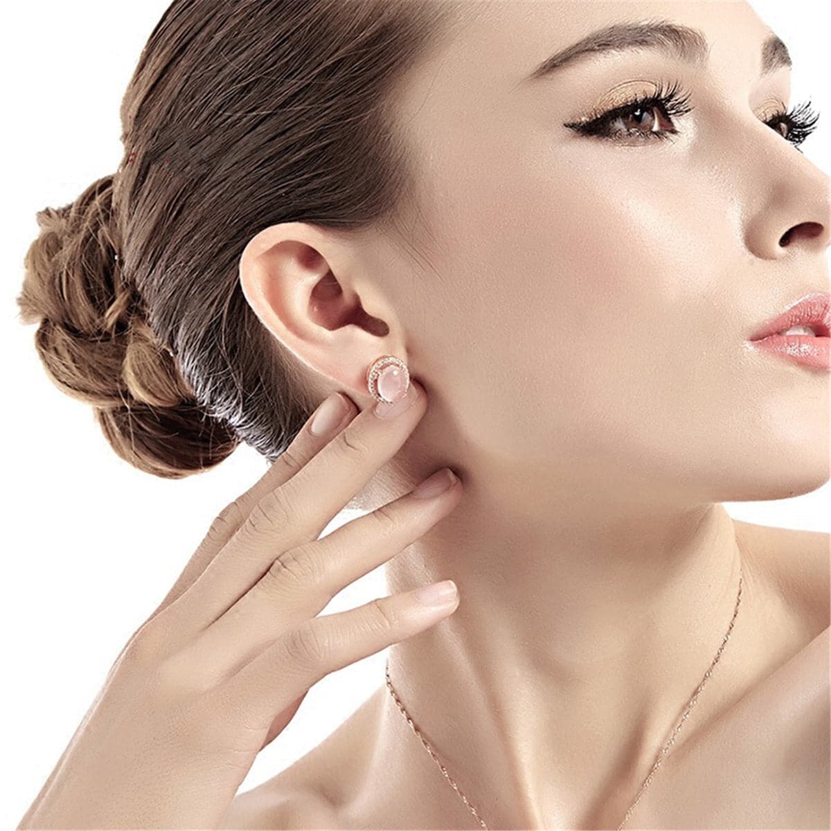 Rose Quartz and Cubic Zirconia Halo Stud Earrings, stud earrings for women, vintage-inspired design, side view