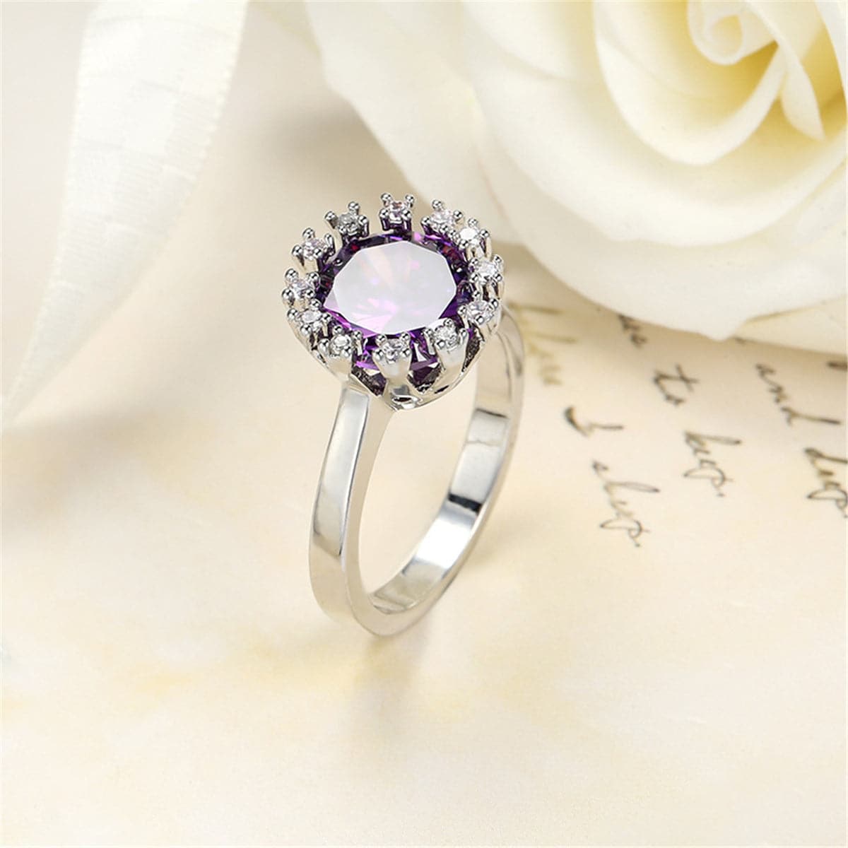 Purple Crystal & Cubic Zirconia Silver-Plated Sunflower Ring