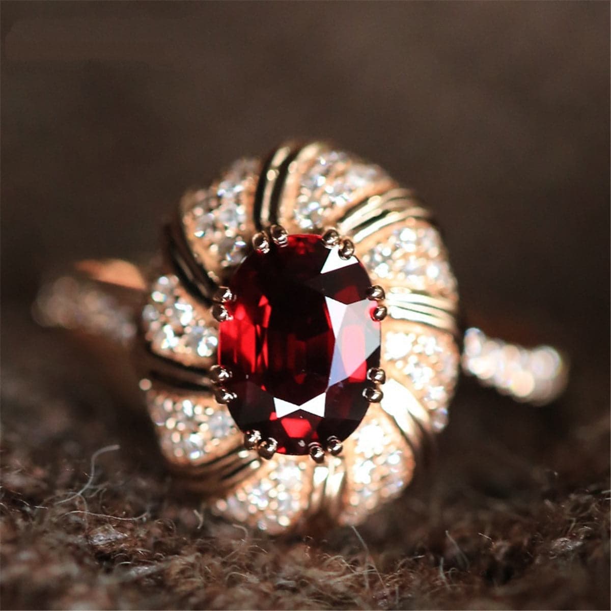 Red Crystal & Cubic Zirconia Oval Floral Ring