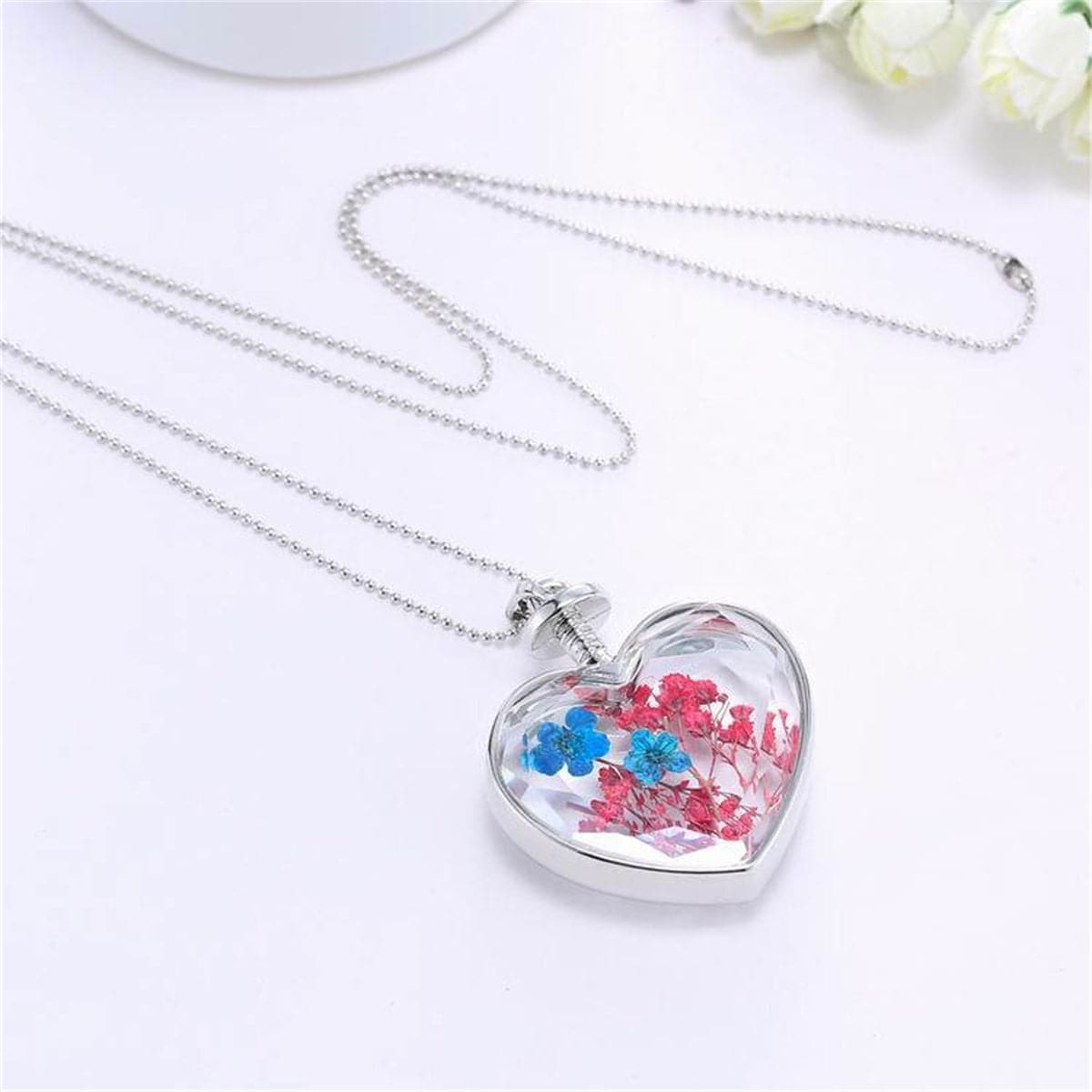 Blue Pressed Peach Blossom & Silver-Plated Heart Pendant Necklace