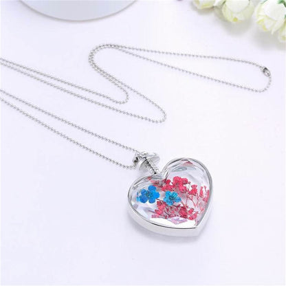 Blue Pressed Peach Blossom and Silver-Plated Heart Pendant Necklace, silver pendant necklace for women, detail close-up