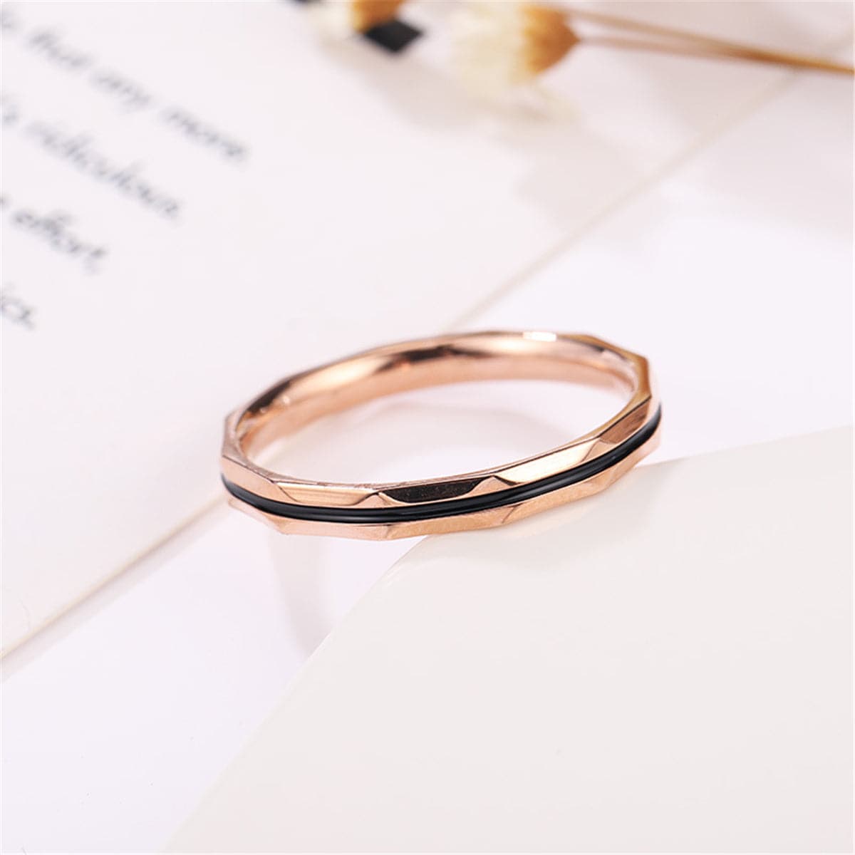 18K Rose Gold-Plated Enamel-Stripe Band Ring, rose gold statement rings for women, everyday style, styled look