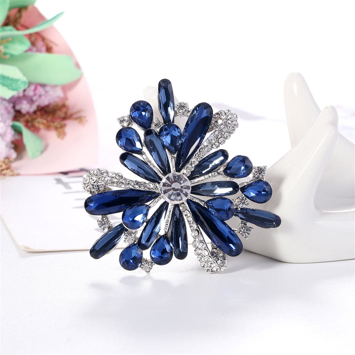 Blue Crystal and Silver-Plated Floral Brooch, silver brooch pin, elegant gift for her, side view
