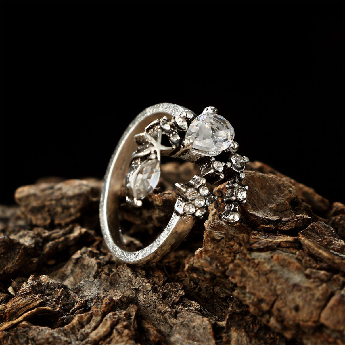 Crystal & Cubic Zirconia Silver-Plated Moon Ring Set