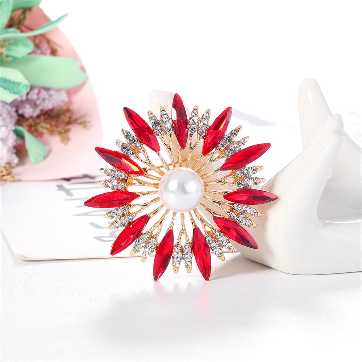 Red Crystal and Pearl Sunflower Brooch, brooch pin, elegant gift for her, front view