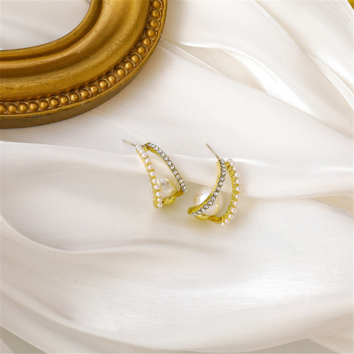Pearl and Cubic Zirconia Curve Huggie Earrings, huggie earrings, botanical inspired, detail close-up