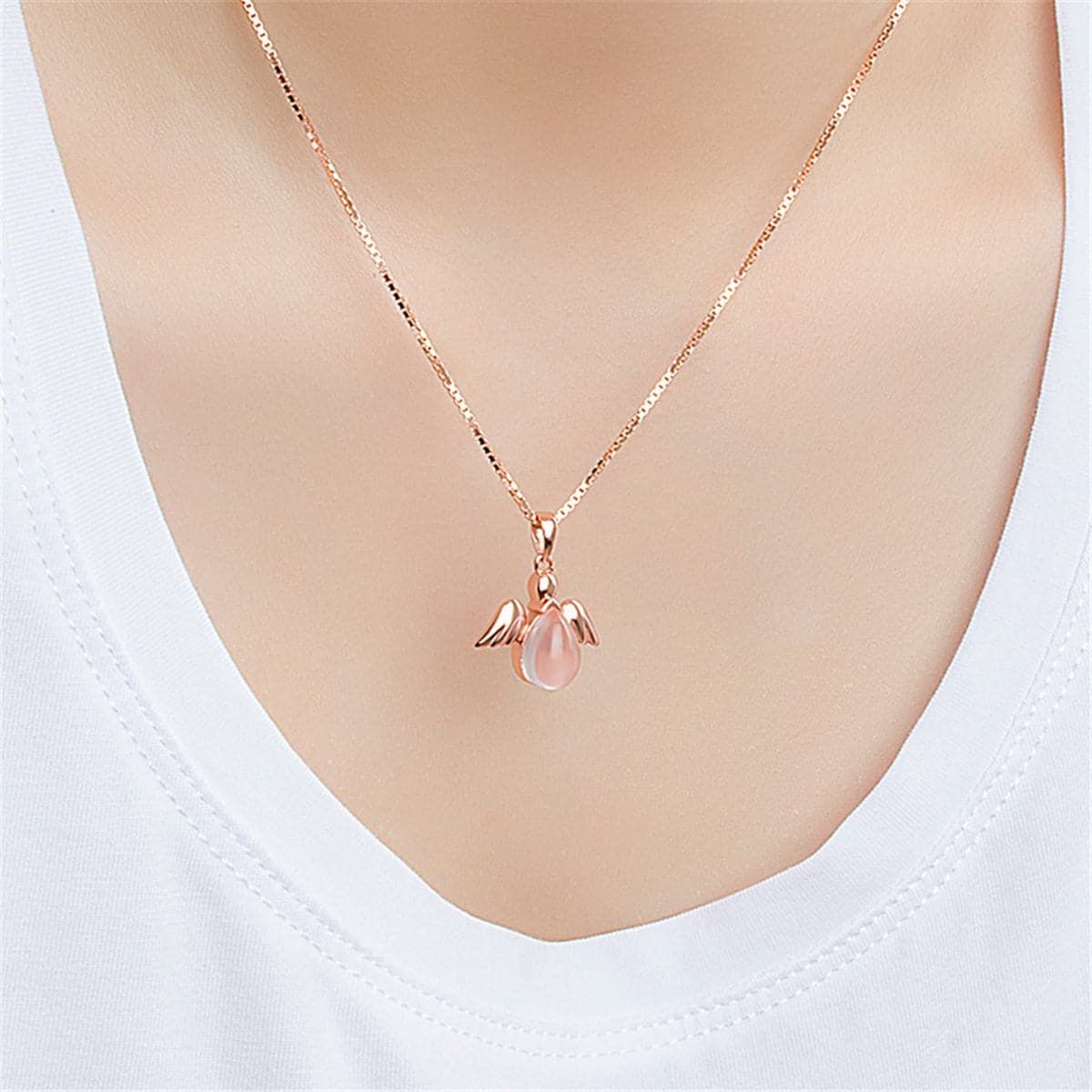 Pink Quartz & 18K Rose Gold-Plated Angel Pendant Necklace