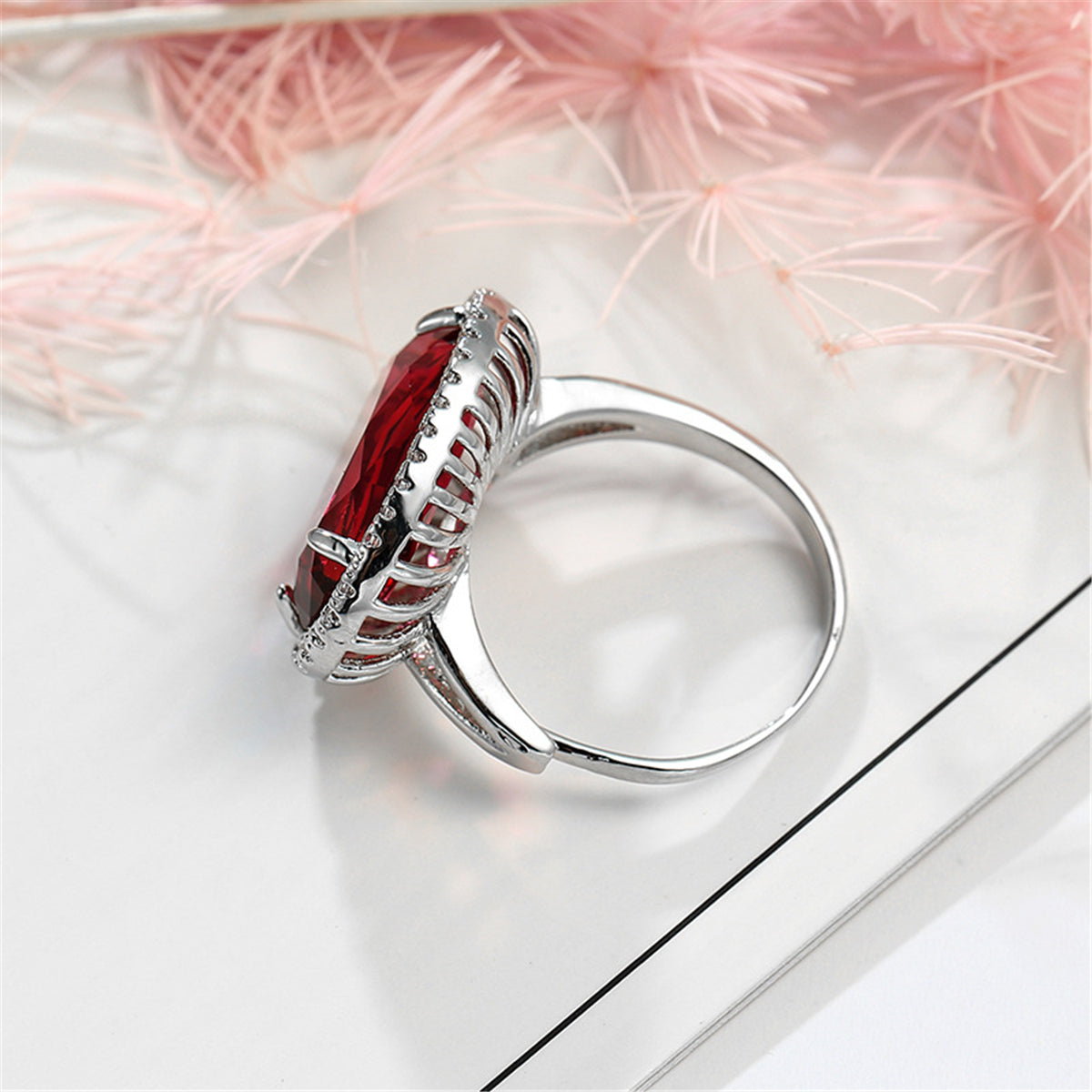 Rose Crystal and Cubic Zirconia Oval Halo Adjustable Ring, statement rings for women, vintage-inspired design, side view