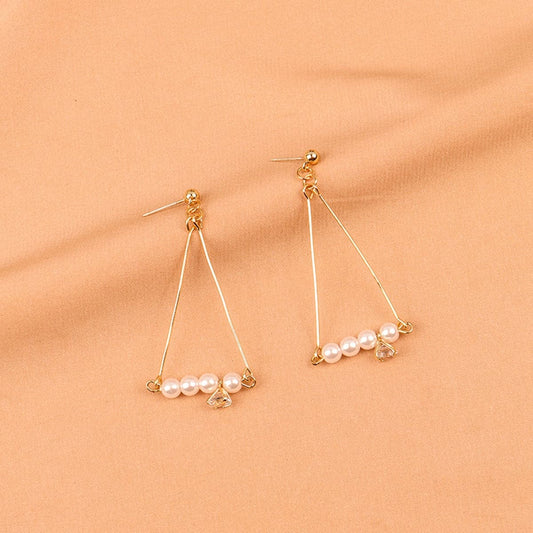 Pearl and 18K Gold-Plated Charm Open Triangle Drop Earrings, gold drop earrings for women, everyday style, front view