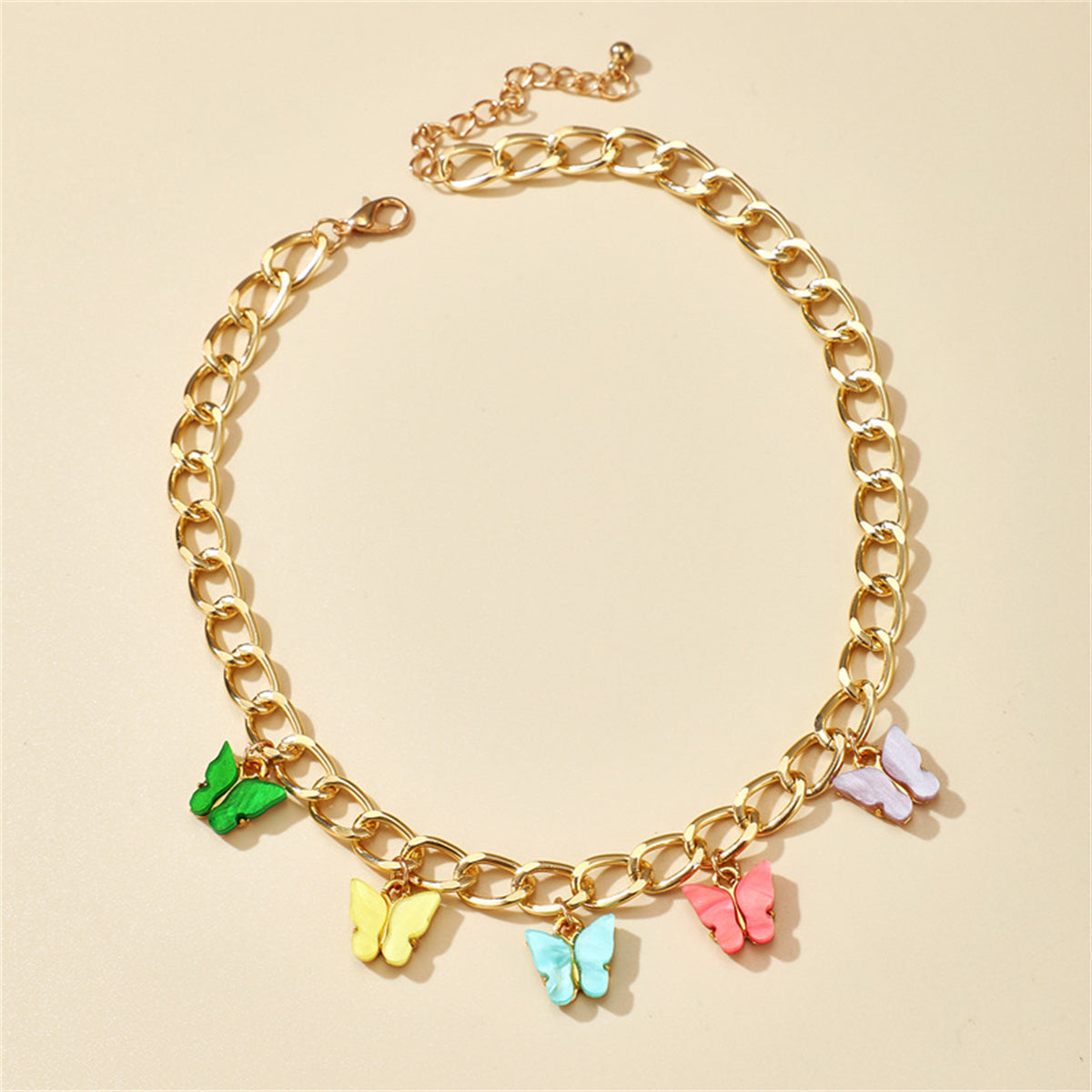 Pastel Acrylic and 18K Gold-Plated Chain Butterfly Station Necklace, gold pendant necklace for women, side view