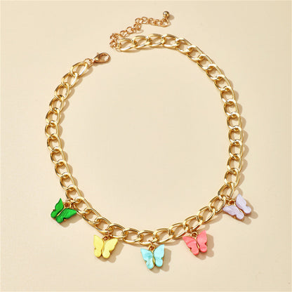 Pastel Acrylic and 18K Gold-Plated Chain Butterfly Station Necklace, gold pendant necklace for women, side view