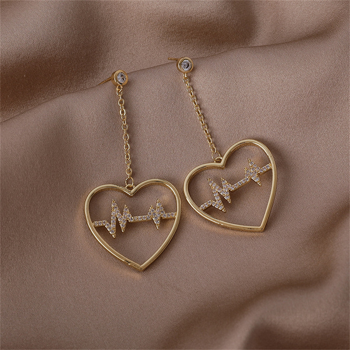 Cubic Zirconia and 18K Gold-Plated Heartbeat Drop Earrings, gold drop earrings for women, styled look
