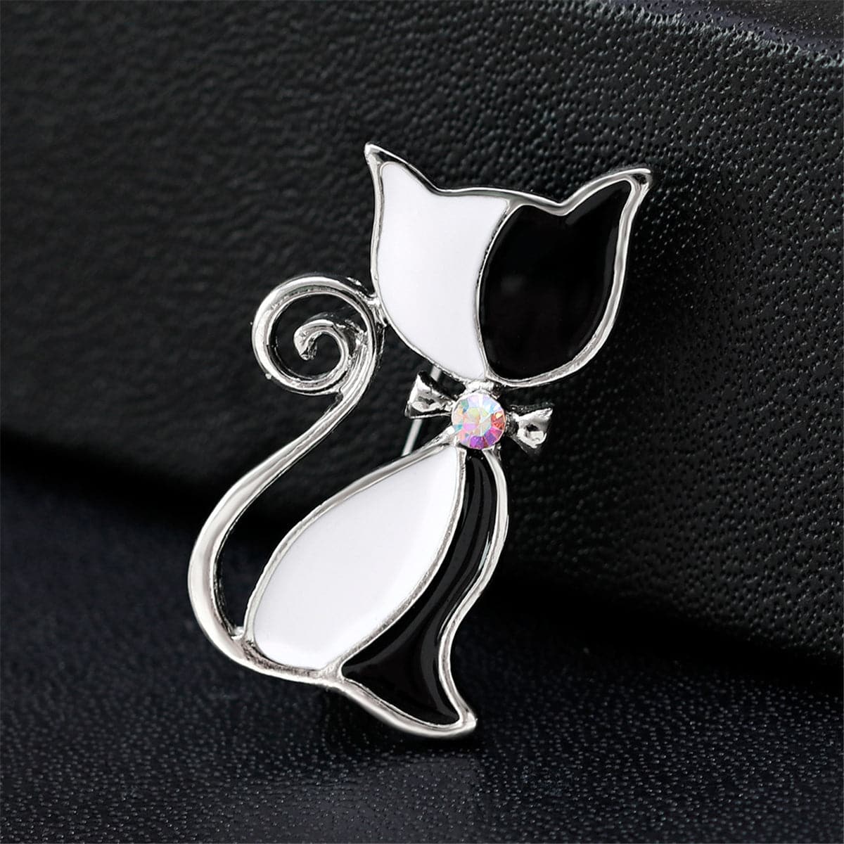 Cubic Zirconia & Black Enamel Silver-Plated Kitty Brooch