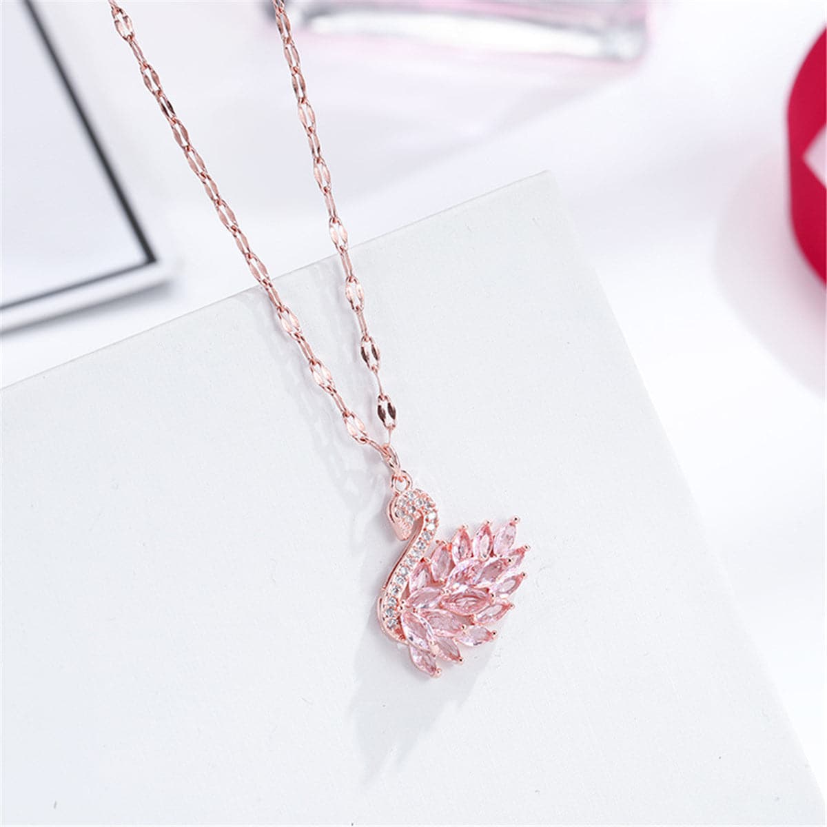 Pink Crystal 18K Rose Gold-Plated Swan Pendant Necklace