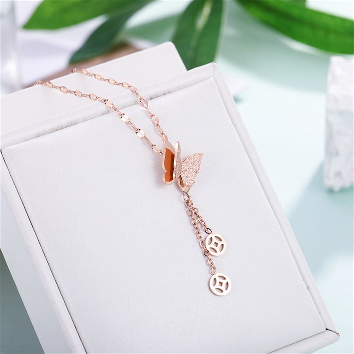 18K Rose Gold-Plated Frosted Butterfly Coin Tassel Pendant Necklace